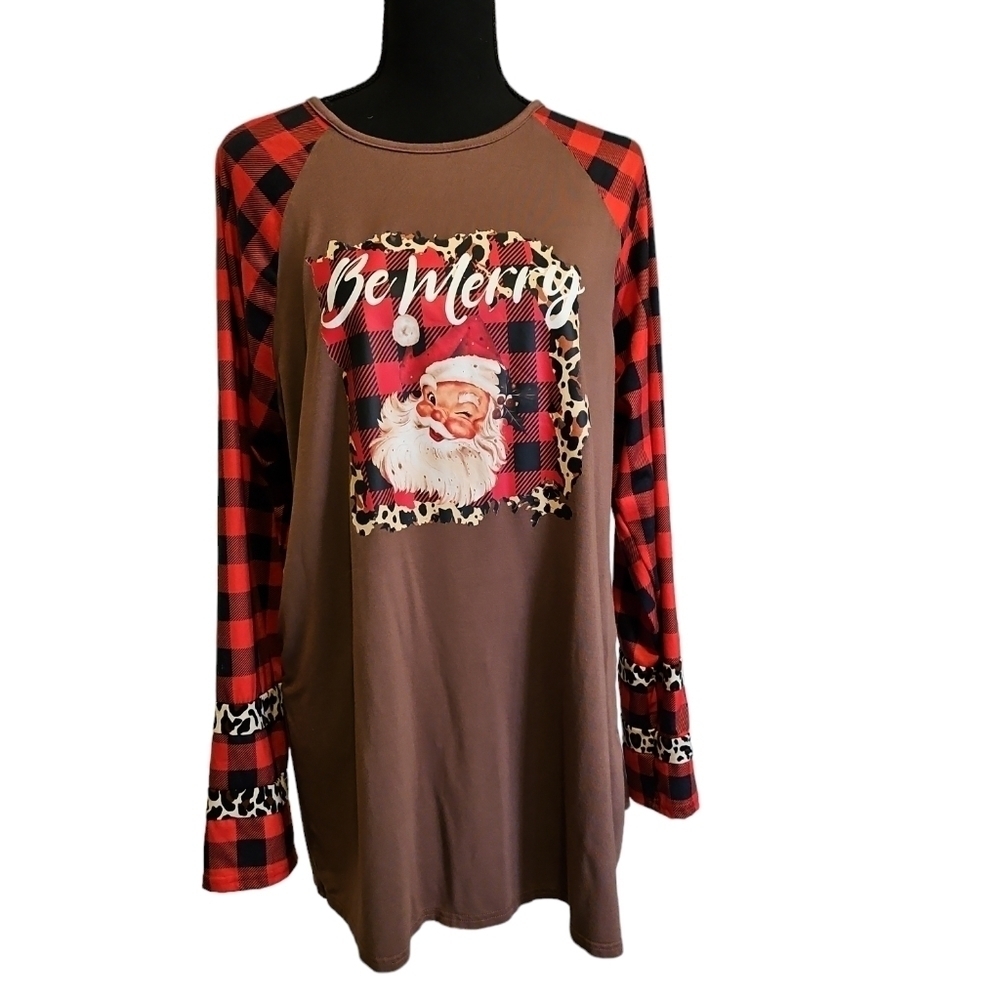 Southern Stitch "Be Merry" Santa T-Shirt Red Black Plaid & Leopard Print Size XL